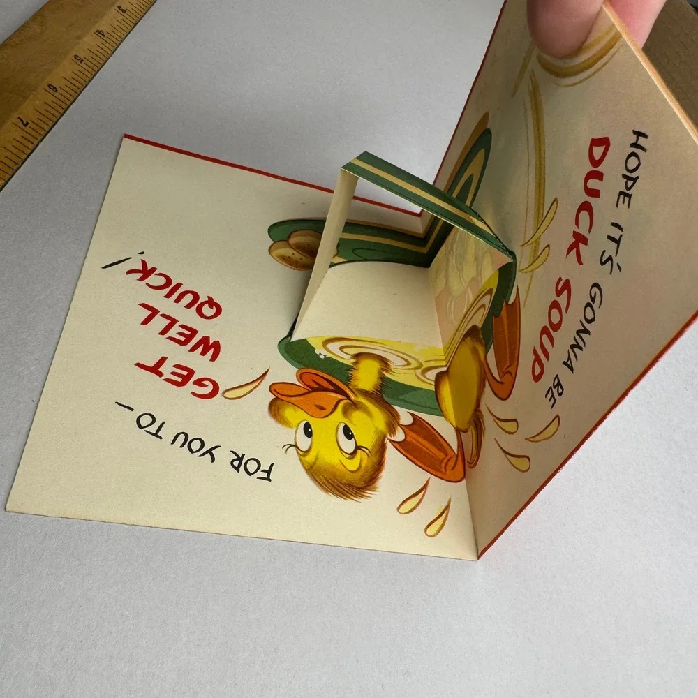 Vintage 50's Get Well Quick Pop Up Greeting Card Duck Soup Anthropomorphic USA